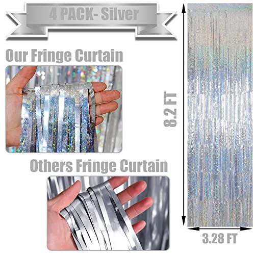 4 Pack Silver Tinsel Foil Fringe Curtain Backdrop, 3.28Ft x 8.2Ft Metallic Streamers for Photo Booth Props Wedding Bridal Shower Bachelorette Birthday Halloween Christmas Party Decoration