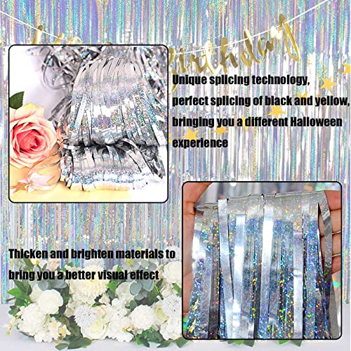 4 Pack Silver Tinsel Foil Fringe Curtain Backdrop, 3.28Ft x 8.2Ft Metallic Streamers for Photo Booth Props Wedding Bridal Shower Bachelorette Birthday Halloween Christmas Party Decoration