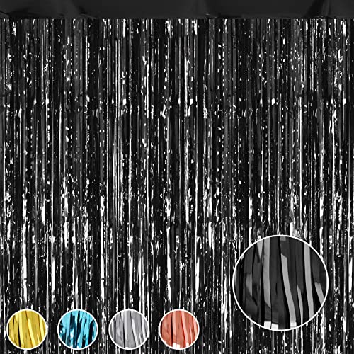 6 Pack Black Foil Fringe Curtains Party Backdrop, 3.28 x 8.2 ft Metallic Foil Tinsel Fringe Backdrop Door Fringe for Photo Wedding Birthday Bridal Showers Graduation Theme Party Decorations