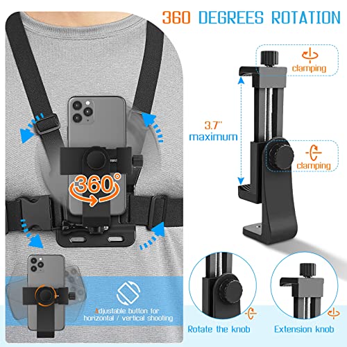 Phone Chest Strap Mount for POV/VLOG Videos, Chest Harness Holder Compatible with iPhone 13 12 11Pro Max Plus,Samsung,GoPro Hero 9, 8, 7, 6,AKASO,Action Camera and Cell Phone Video Shoot Accessories