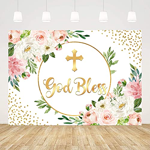 Ticuenicoa 5x3ft Baptism Backdrop for Girl First Communion Background Pink and Gold God Bless Back Drop Christening Photography Decorations Baby Shower Party Banner 1st Birthday Photo Favors