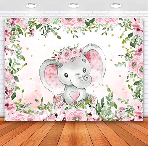 Sensfun Pink Floral Baby Shower Elephant Backdrop Girl Rustic Watercolor Flower Elephant Little Peanut It's A Girl Baby Shower Decorations Supplies Photography Background Cake Table Photo Props 5x3ft