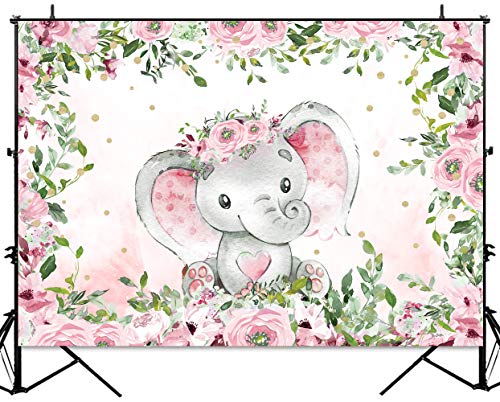 Sensfun Pink Floral Baby Shower Elephant Backdrop Girl Rustic Watercolor Flower Elephant Little Peanut It's A Girl Baby Shower Decorations Supplies Photography Background Cake Table Photo Props 5x3ft