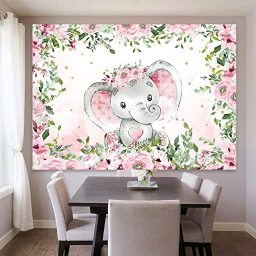 Sensfun Pink Floral Baby Shower Elephant Backdrop Girl Rustic Watercolor Flower Elephant Little Peanut It's A Girl Baby Shower Decorations Supplies Photography Background Cake Table Photo Props 5x3ft