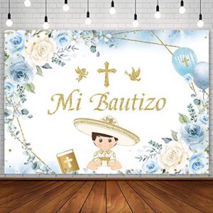 AIBIIN 7x5ft Mi Bautizo Backdrop Boy Baptism Christening Party Decorations Supplies Blue Floral Balloon Gold Cross Angel Photography Background First Holy Communion Mi Primera Banner Photo Shoot Props