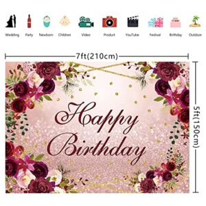 Rose Gold Flower Birthday Backdrop Spring Watercolor Pink Floral Rose Gold Glitter Spots Background Adults Women Sweet Girl Birthday Party Dessert Cake Table Decoration 7x5FT