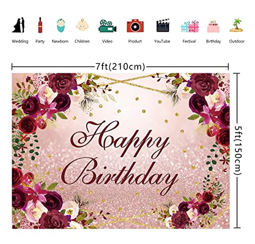 Rose Gold Flower Birthday Backdrop Spring Watercolor Pink Floral Rose Gold Glitter Spots Background Adults Women Sweet Girl Birthday Party Dessert Cake Table Decoration 7x5FT