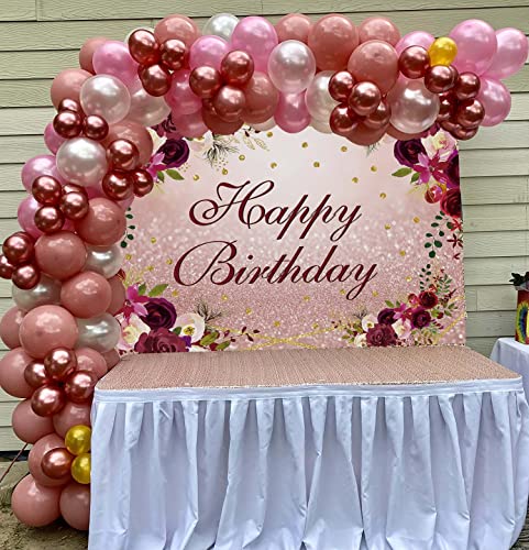 Rose Gold Flower Birthday Backdrop Spring Watercolor Pink Floral Rose Gold Glitter Spots Background Adults Women Sweet Girl Birthday Party Dessert Cake Table Decoration 7x5FT