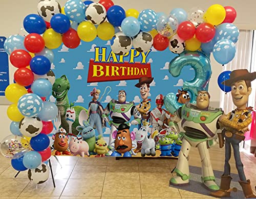 WRQ GCH 7x5ft Cartoon Toy Backdrop Blue Sky White Clouds Happy Birthday Party Decoration Toy Baby Shower Backdrop Cake Table Decoration