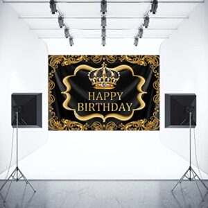 Aperturee Black and Gold Happy Birthday Backdrop 7x5ft Little Baby Boy Prince King Crown Photography Background Celebration Party Decoration Supplies Cake Table Banner Photo Booth Prop