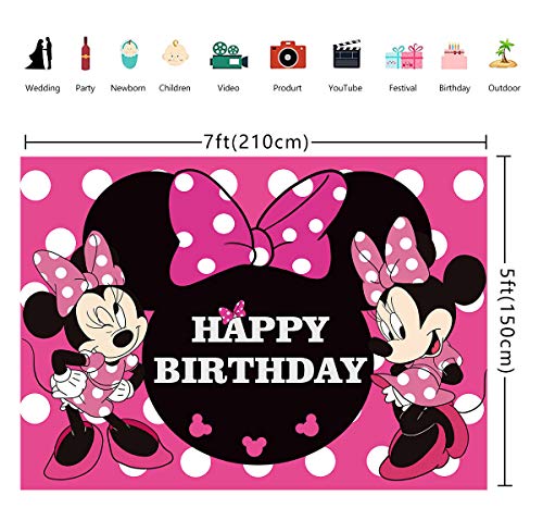 LXBO Cartoon Mouse Backdrop Pink Bow Princess Happy Birthday Backdrop Girl Party Photo Decorative Banners Baby Shower Photography Supplies (7x5FT)