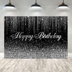 5×3ft black silver bokeh birthday backdrop silver confetti sweet 16 30th 40th 50th 60th 70th bday party banner decorations happy birthday photography background for adult party photo studio props