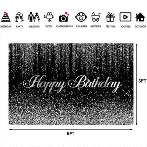 5×3ft Black Silver Bokeh Birthday Backdrop Silver Confetti Sweet 16 30th 40th 50th 60th 70th Bday Party Banner Decorations Happy Birthday Photography Background for Adult Party Photo Studio Props