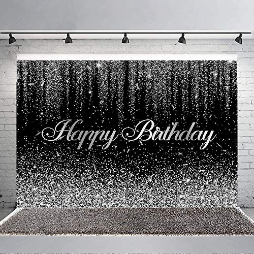 5×3ft Black Silver Bokeh Birthday Backdrop Silver Confetti Sweet 16 30th 40th 50th 60th 70th Bday Party Banner Decorations Happy Birthday Photography Background for Adult Party Photo Studio Props