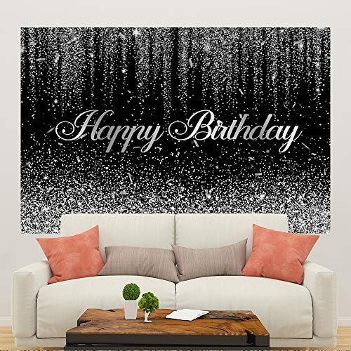 5×3ft Black Silver Bokeh Birthday Backdrop Silver Confetti Sweet 16 30th 40th 50th 60th 70th Bday Party Banner Decorations Happy Birthday Photography Background for Adult Party Photo Studio Props