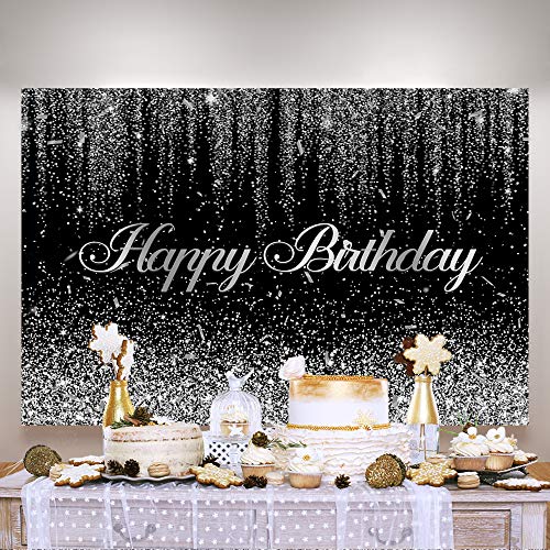 5×3ft Black Silver Bokeh Birthday Backdrop Silver Confetti Sweet 16 30th 40th 50th 60th 70th Bday Party Banner Decorations Happy Birthday Photography Background for Adult Party Photo Studio Props