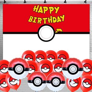 Poke Party Supplies-33pcs Poke Latex Balloons,Poke Foil Balloons and Poke Backdrop for Poke Birthday Party Decorations