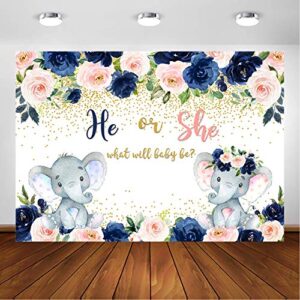 Avezano Navy and Blush Elephant Gender Reveal Backdrop He or She Navy Blue Blush Pink Floral Elephant Gender Reveal Photography Background Pregnancy Reveal Surprise Boy or Girl Party Decoration(7x5ft)