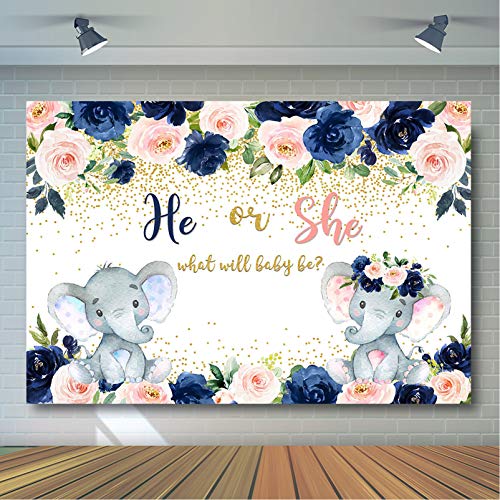 Avezano Navy and Blush Elephant Gender Reveal Backdrop He or She Navy Blue Blush Pink Floral Elephant Gender Reveal Photography Background Pregnancy Reveal Surprise Boy or Girl Party Decoration(7x5ft)