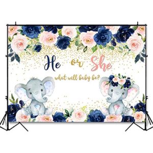 Avezano Navy and Blush Elephant Gender Reveal Backdrop He or She Navy Blue Blush Pink Floral Elephant Gender Reveal Photography Background Pregnancy Reveal Surprise Boy or Girl Party Decoration(7x5ft)