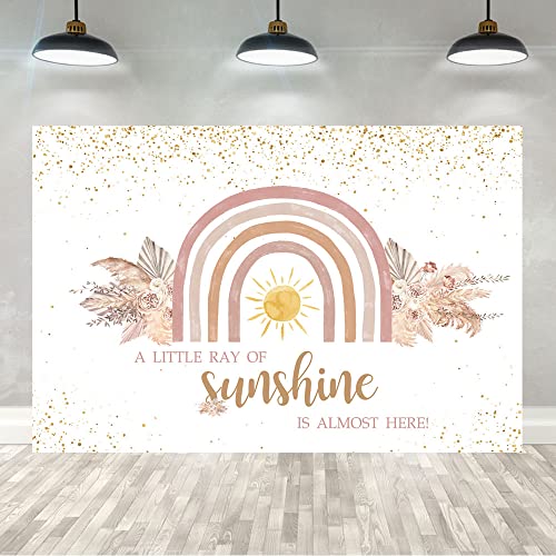 Ticuenicoa 5×3ft Boho Rainbow Baby Shower Backdrop A Little Ray of Sunshine is Almost Here Baby Shower Party Banner Wall Decorations Boho Pampas Glitter Dots Girls Baby Shower Background