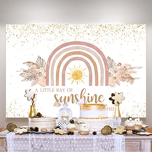 Ticuenicoa 5×3ft Boho Rainbow Baby Shower Backdrop A Little Ray of Sunshine is Almost Here Baby Shower Party Banner Wall Decorations Boho Pampas Glitter Dots Girls Baby Shower Background