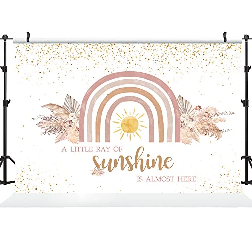 Ticuenicoa 5×3ft Boho Rainbow Baby Shower Backdrop A Little Ray of Sunshine is Almost Here Baby Shower Party Banner Wall Decorations Boho Pampas Glitter Dots Girls Baby Shower Background