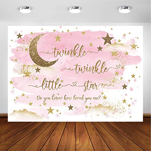 Avezano Twinkle Twinkle Little Star Backdrop for Girl Gold and Pink Twinkle Boy Baby Shower Party Decorations Photography Background Gold Stars and Moon Baby Shower Party Photoshoot Backdrops (7x5ft)