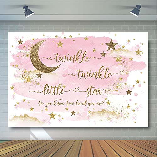 Avezano Twinkle Twinkle Little Star Backdrop for Girl Gold and Pink Twinkle Boy Baby Shower Party Decorations Photography Background Gold Stars and Moon Baby Shower Party Photoshoot Backdrops (7x5ft)