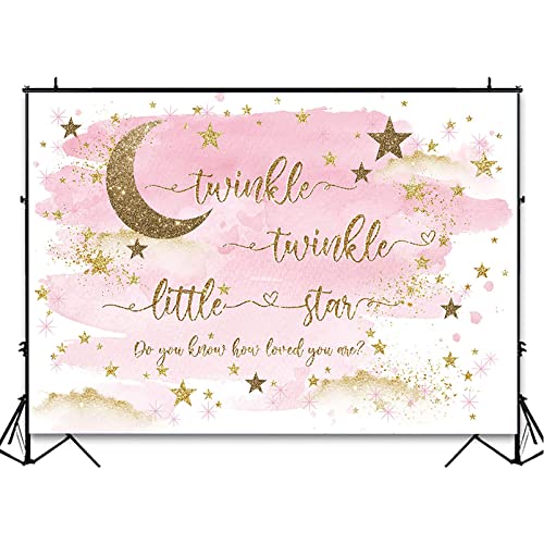 Avezano Twinkle Twinkle Little Star Backdrop for Girl Gold and Pink Twinkle Boy Baby Shower Party Decorations Photography Background Gold Stars and Moon Baby Shower Party Photoshoot Backdrops (7x5ft)