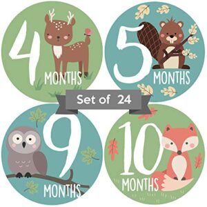 baby monthly stickers | woodland creatures baby milestone stickers | newborn boy or girl animal stickers | month stickers for baby boy | gender neutral | unisex monthly milestone stickers (set of 24)