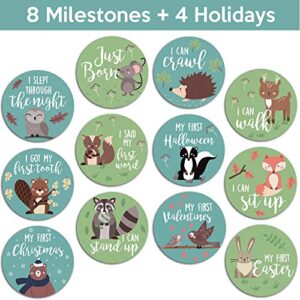 Baby Monthly Stickers | Woodland Creatures Baby Milestone Stickers | Newborn Boy or Girl Animal Stickers | Month Stickers for Baby Boy | Gender Neutral | Unisex Monthly Milestone Stickers (Set of 24)