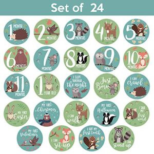 Baby Monthly Stickers | Woodland Creatures Baby Milestone Stickers | Newborn Boy or Girl Animal Stickers | Month Stickers for Baby Boy | Gender Neutral | Unisex Monthly Milestone Stickers (Set of 24)