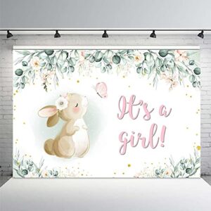MEHOFOND 7x5ft Bunny Girl Baby Shower Party Decor Backdrop It's A Girl Banner Spring Easter Pink Floral Butterfly Rabbit Eucalyptus Leaves Photography Background Photobooth Props