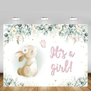 MEHOFOND 7x5ft Bunny Girl Baby Shower Party Decor Backdrop It's A Girl Banner Spring Easter Pink Floral Butterfly Rabbit Eucalyptus Leaves Photography Background Photobooth Props