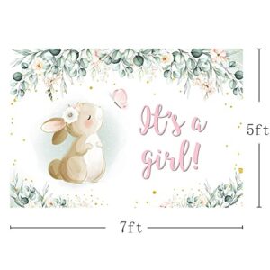 MEHOFOND 7x5ft Bunny Girl Baby Shower Party Decor Backdrop It's A Girl Banner Spring Easter Pink Floral Butterfly Rabbit Eucalyptus Leaves Photography Background Photobooth Props