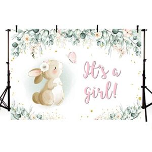 MEHOFOND 7x5ft Bunny Girl Baby Shower Party Decor Backdrop It's A Girl Banner Spring Easter Pink Floral Butterfly Rabbit Eucalyptus Leaves Photography Background Photobooth Props