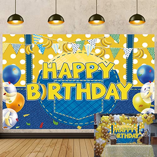 Yellow Happy Birthday Backdrop Cowboy Banana Balloon Flag Cartoon Birthday Photography Background Kids Baby Shower Boy Party Cake Table Decorations Banner Photo Props (6x4FT)