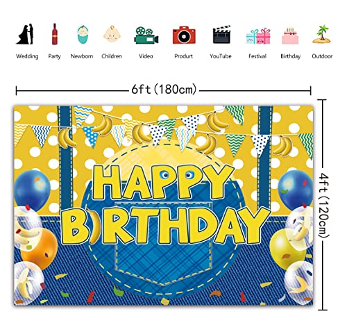 Yellow Happy Birthday Backdrop Cowboy Banana Balloon Flag Cartoon Birthday Photography Background Kids Baby Shower Boy Party Cake Table Decorations Banner Photo Props (6x4FT)