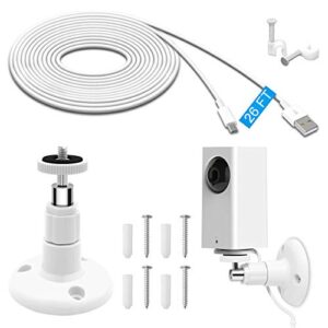 26ft power extension charging cable with wall mount for wyze cam pan/ wyze cam pan v2,mounting kit including charging and data sync cord,adjustable 360 degree swivel ceiling mount and 30 wire clips