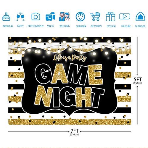 Ticuenicoa 7x5ft Game Night Party Backdrop Black and Gold Stripes Photo Background Game On Birthday Party Supplies Kids Adults Gaming Party Decorations Baby Shower Cake Table Photo Booth Props