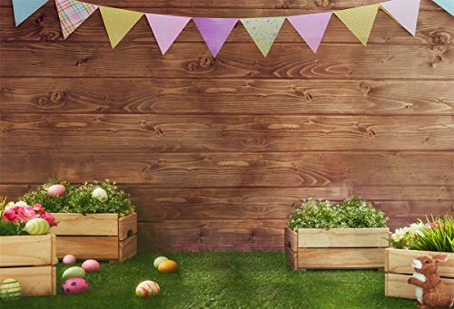 Easter Backdrops for Photography Fabric Backdrop Rustic Grass Ground Colorful Flag Backdrops for Children,Studio,Party Brown Wood Wall Photo Studio Shooting 7x5ft