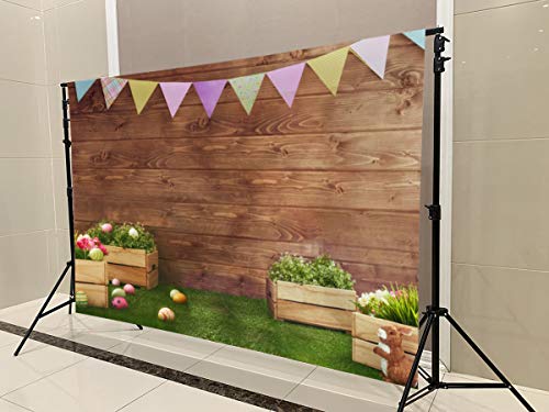 Easter Backdrops for Photography Fabric Backdrop Rustic Grass Ground Colorful Flag Backdrops for Children,Studio,Party Brown Wood Wall Photo Studio Shooting 7x5ft