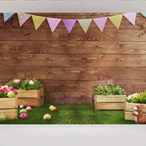 Easter Backdrops for Photography Fabric Backdrop Rustic Grass Ground Colorful Flag Backdrops for Children,Studio,Party Brown Wood Wall Photo Studio Shooting 7x5ft