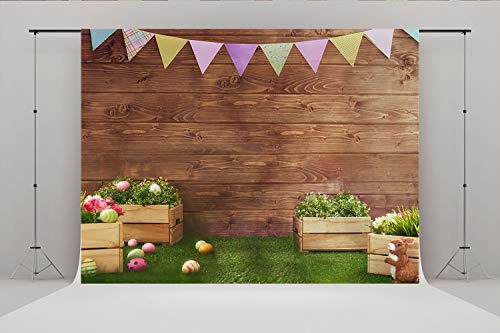Easter Backdrops for Photography Fabric Backdrop Rustic Grass Ground Colorful Flag Backdrops for Children,Studio,Party Brown Wood Wall Photo Studio Shooting 7x5ft