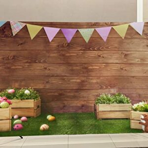 Easter Backdrops for Photography Fabric Backdrop Rustic Grass Ground Colorful Flag Backdrops for Children,Studio,Party Brown Wood Wall Photo Studio Shooting 7x5ft