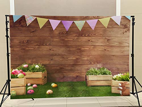 Easter Backdrops for Photography Fabric Backdrop Rustic Grass Ground Colorful Flag Backdrops for Children,Studio,Party Brown Wood Wall Photo Studio Shooting 7x5ft