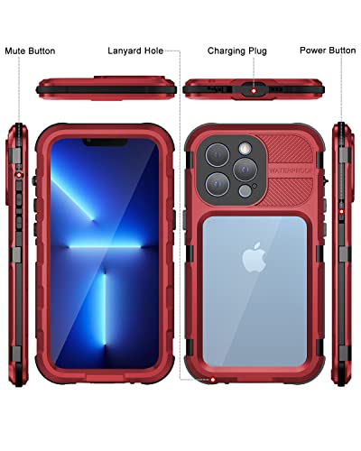 WIFORT iPhone 13 Pro Max Waterproof Metal Case - Built-in [Screen Protector][15FT Military Grade Shockproof][IP68 Water Proof], Full Body Aluminum Protective Dropproof Cover, 6.7" Red