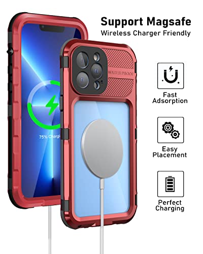 WIFORT iPhone 13 Pro Max Waterproof Metal Case - Built-in [Screen Protector][15FT Military Grade Shockproof][IP68 Water Proof], Full Body Aluminum Protective Dropproof Cover, 6.7" Red