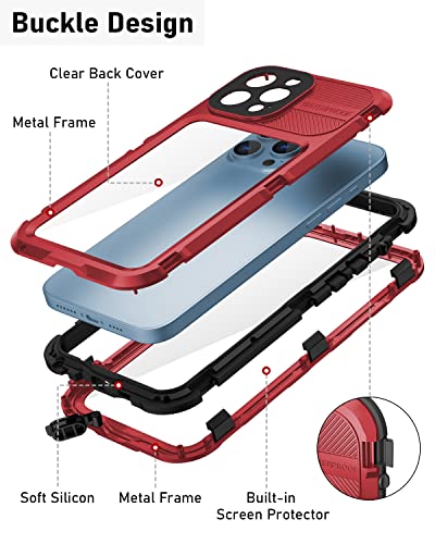 WIFORT iPhone 13 Pro Max Waterproof Metal Case - Built-in [Screen Protector][15FT Military Grade Shockproof][IP68 Water Proof], Full Body Aluminum Protective Dropproof Cover, 6.7" Red